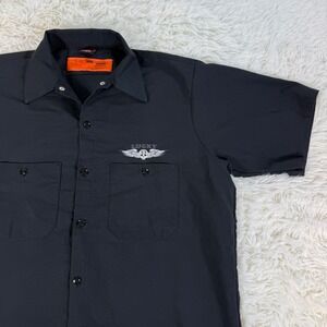 Lucky 13 Mens Black‎ Short Sleeve Button Up Work Shirt Skull Wings Logo Medium